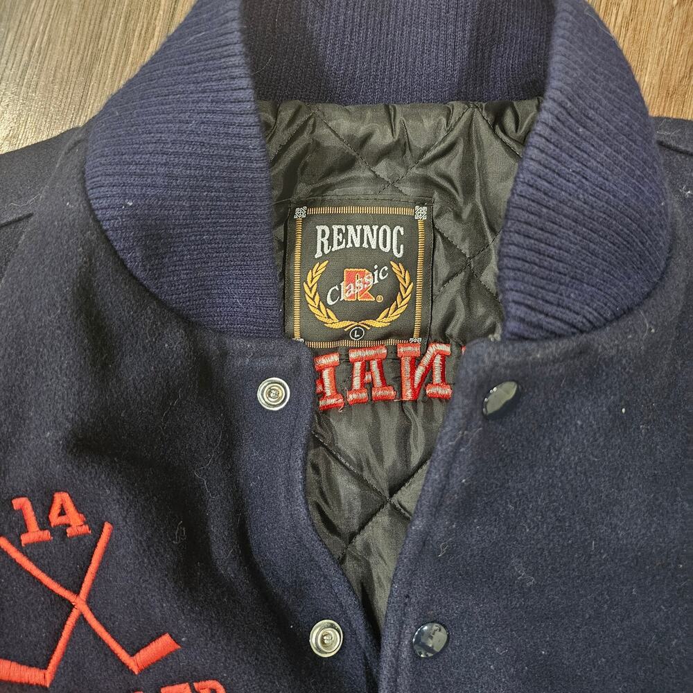 Vintage Rennoc Varsity Jacket Mens Large Blue  Cream Leather Wool Snap USA - Picture 7 of 10